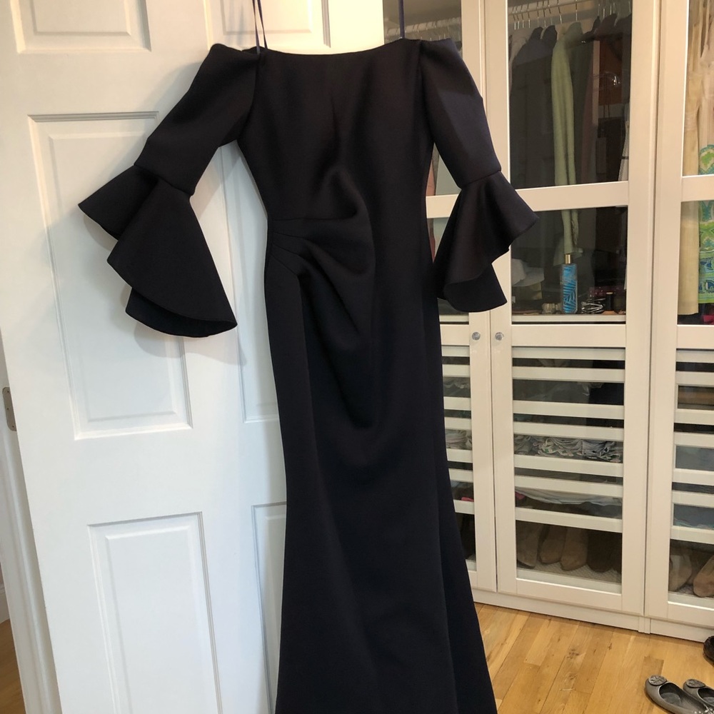 Jovani Navy Blue Scuba Belle Sleeve Gown with Train SIZE 8 Brand New WITH TAGS!